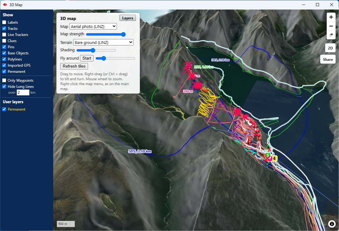 The 3D map with the terrain, the Teams' tracks and the statistical rings